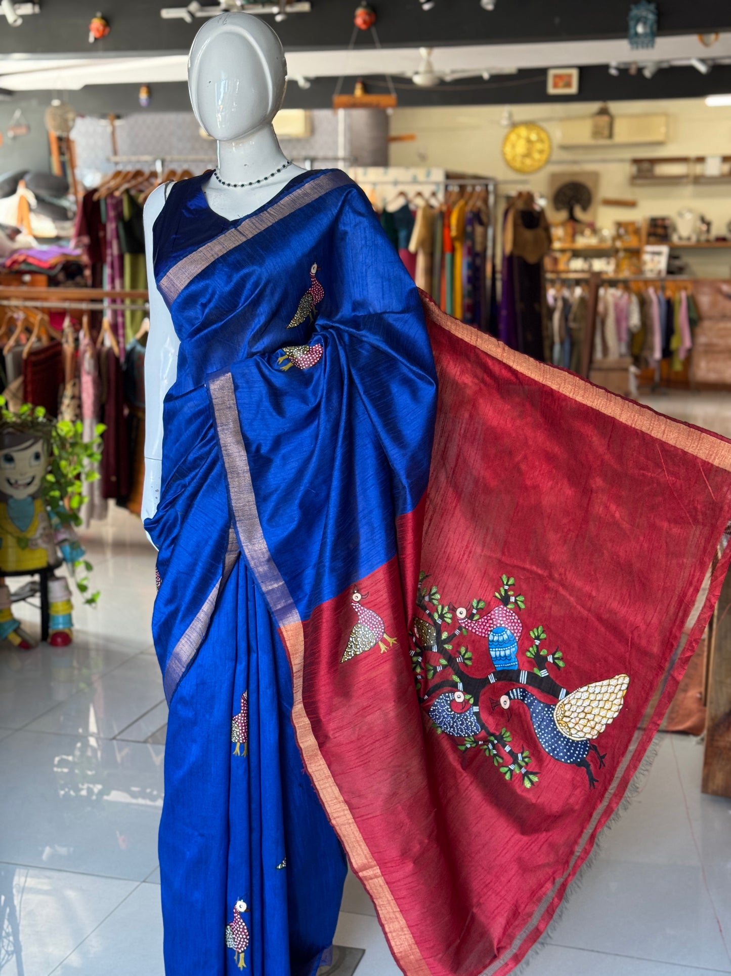 Royal blue Gond hand painted, hand woven raw silk saree