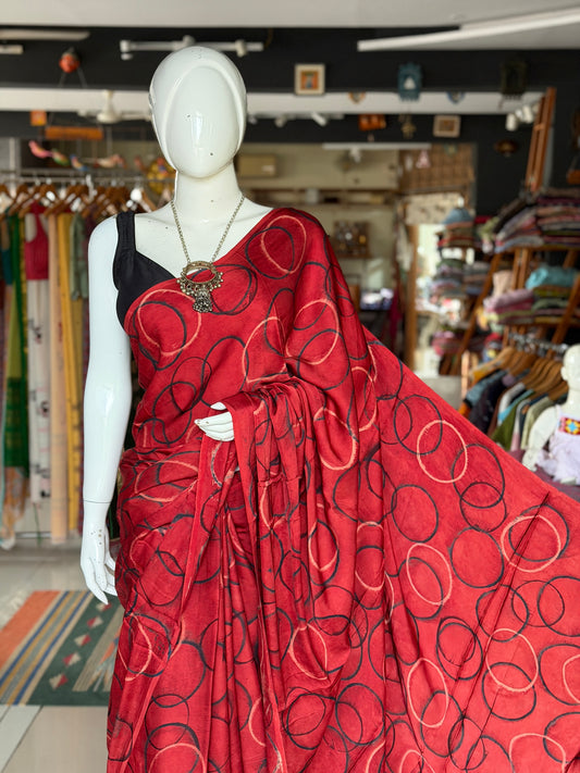Maroon circles print soft modal yardage saree / fabric - hand block printed Ajrakh