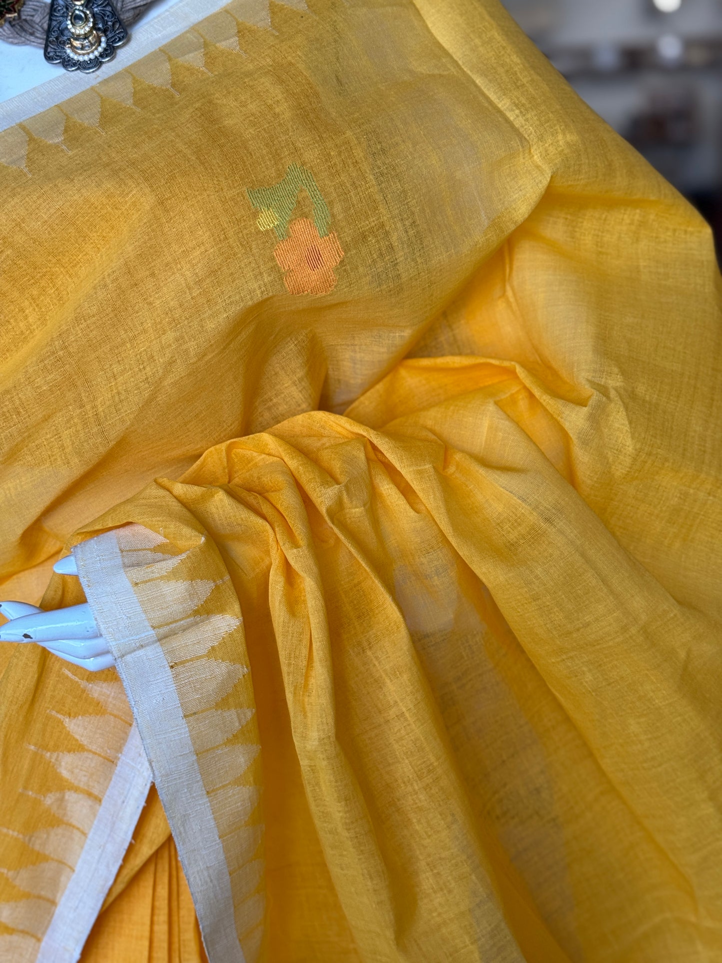 Auspicious yellow cotton handwoven Manipuri Moirangphi saree