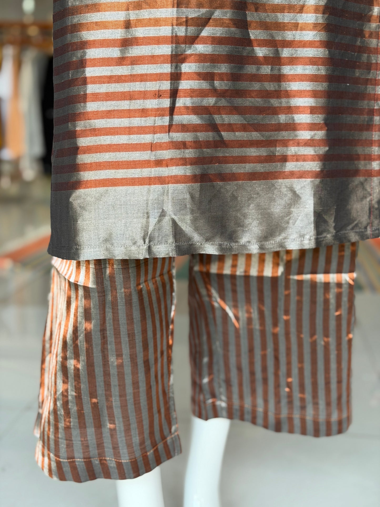 Brown Maheshwari tissue cotton handwoven straight kurti with silver stripes at hem