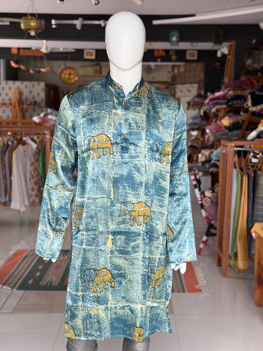 Indigo elephant hand block printed Ajrakh mashru long kurta for men