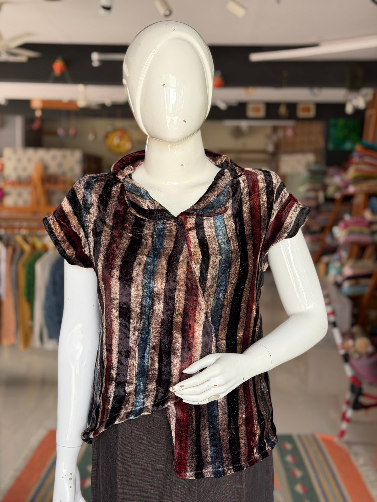 Stripes velvet Ajrakh hand block printed top