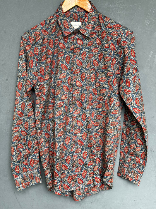 Indigo and maroon leaves hand block printed full sleeves cotton shirt for men