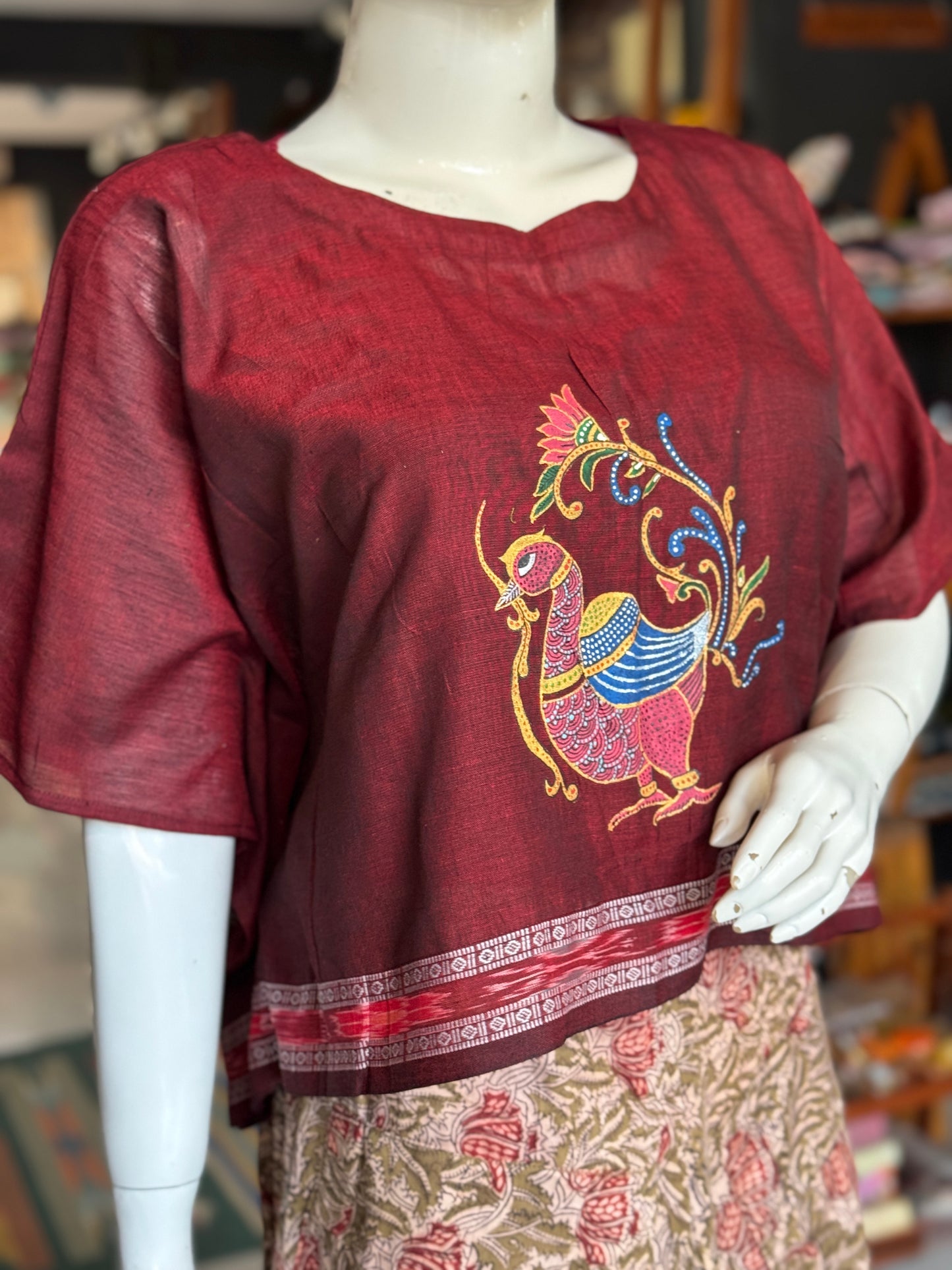Maroon hand painted handwoven cotton kaftan top