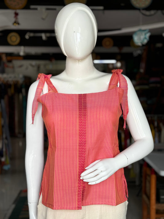 Pink n yellow irregular stripes handwoven Maheshwari cotton spaghetti tie up top