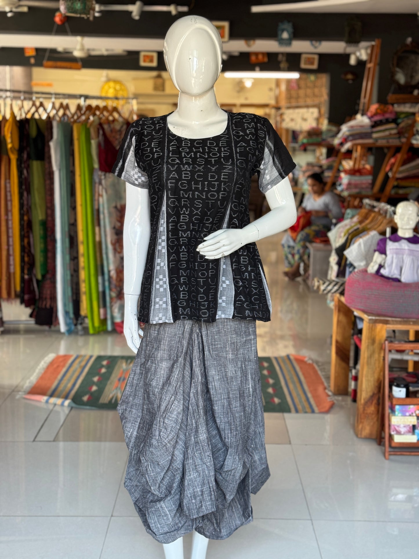 Alphabet design handcrafted ikat cotton handloom top - black and grey, pleated top