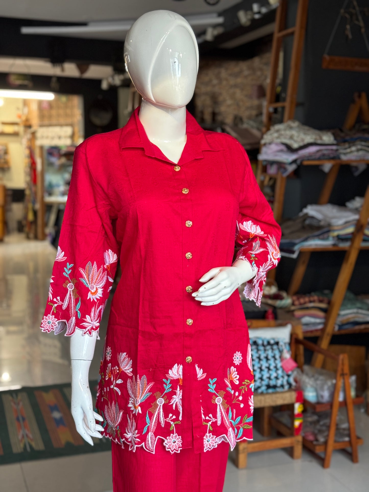 Pinkish red collared jacquard cotton embroidered top with long sleeves and pants - coord set