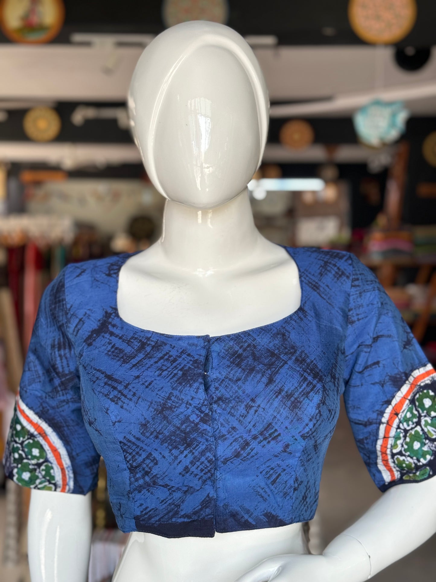 Blue Pichwai style design silk batik blouse