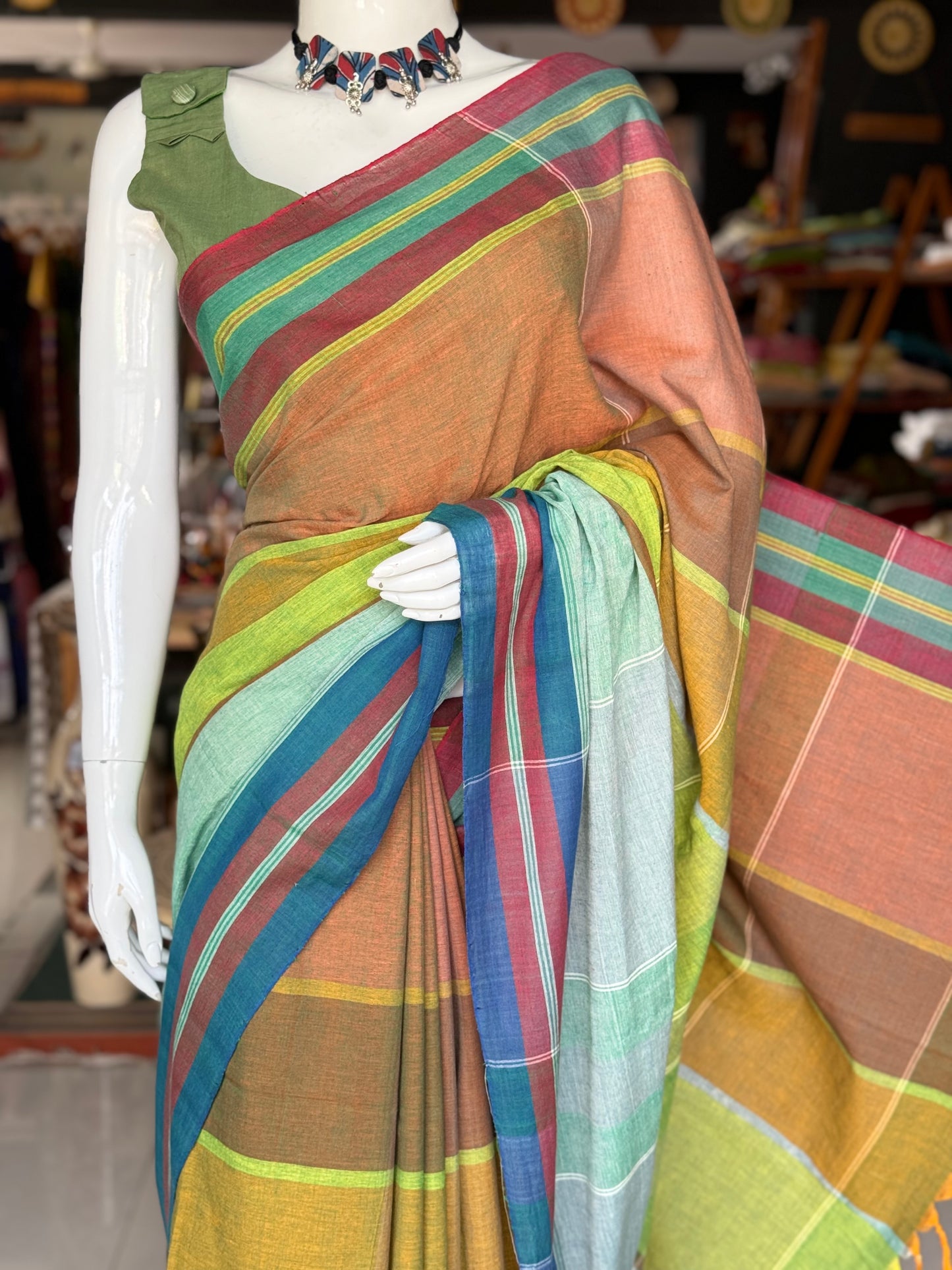 Brown and green color block hand woven soft cotton unique designer saree