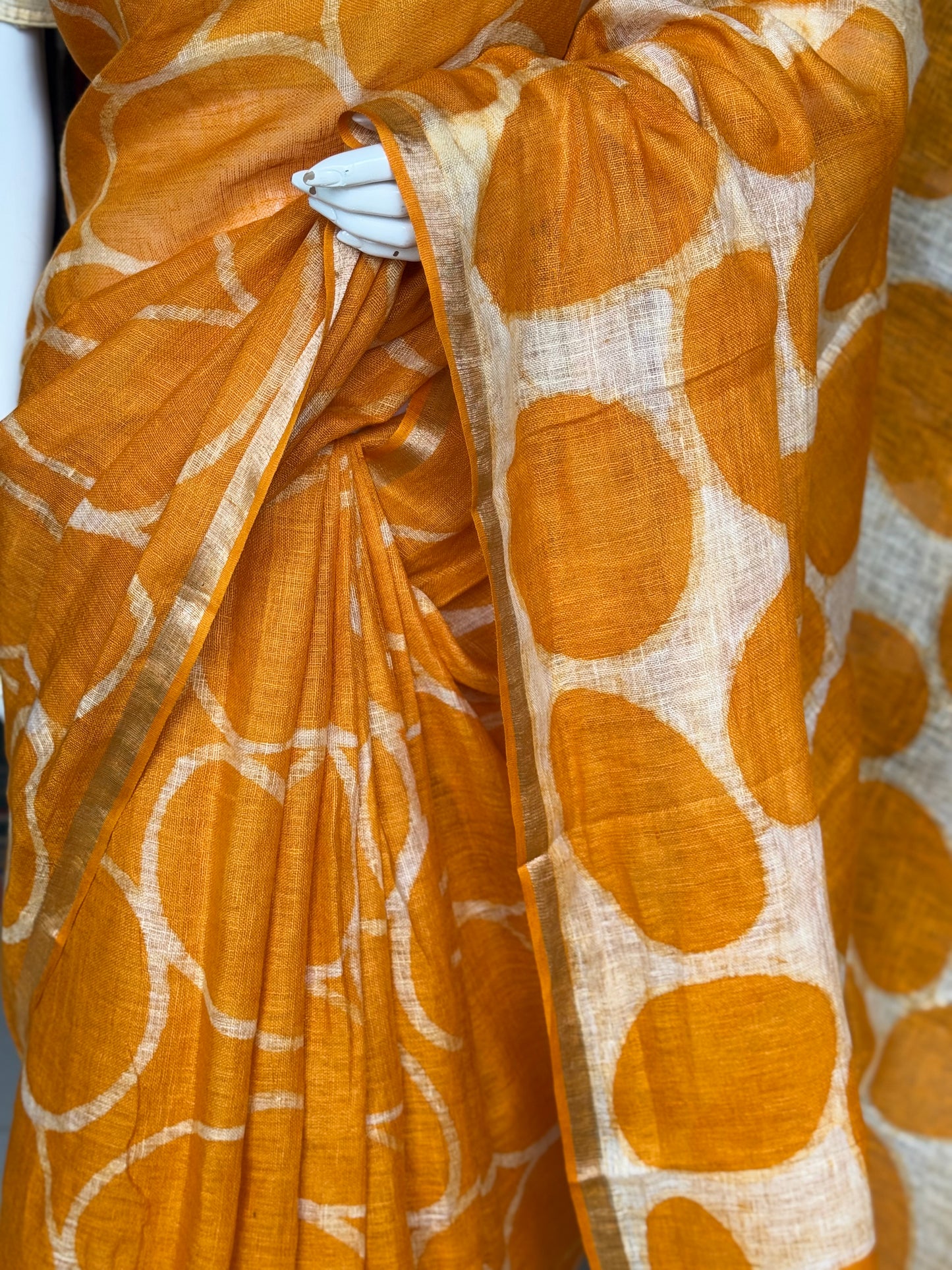 Orange circles design hand batik linen saree