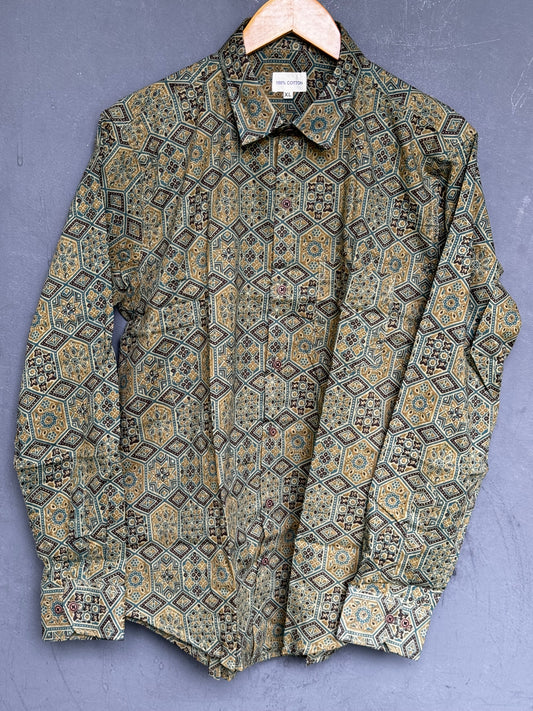 Green geometric print hand block printed full sleeves cotton shirt for men