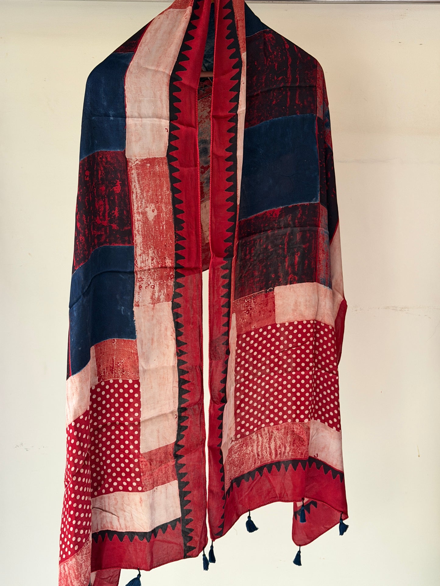 Red, blue and beige rectangles print Ajrakh hand block printed soft modal stole
