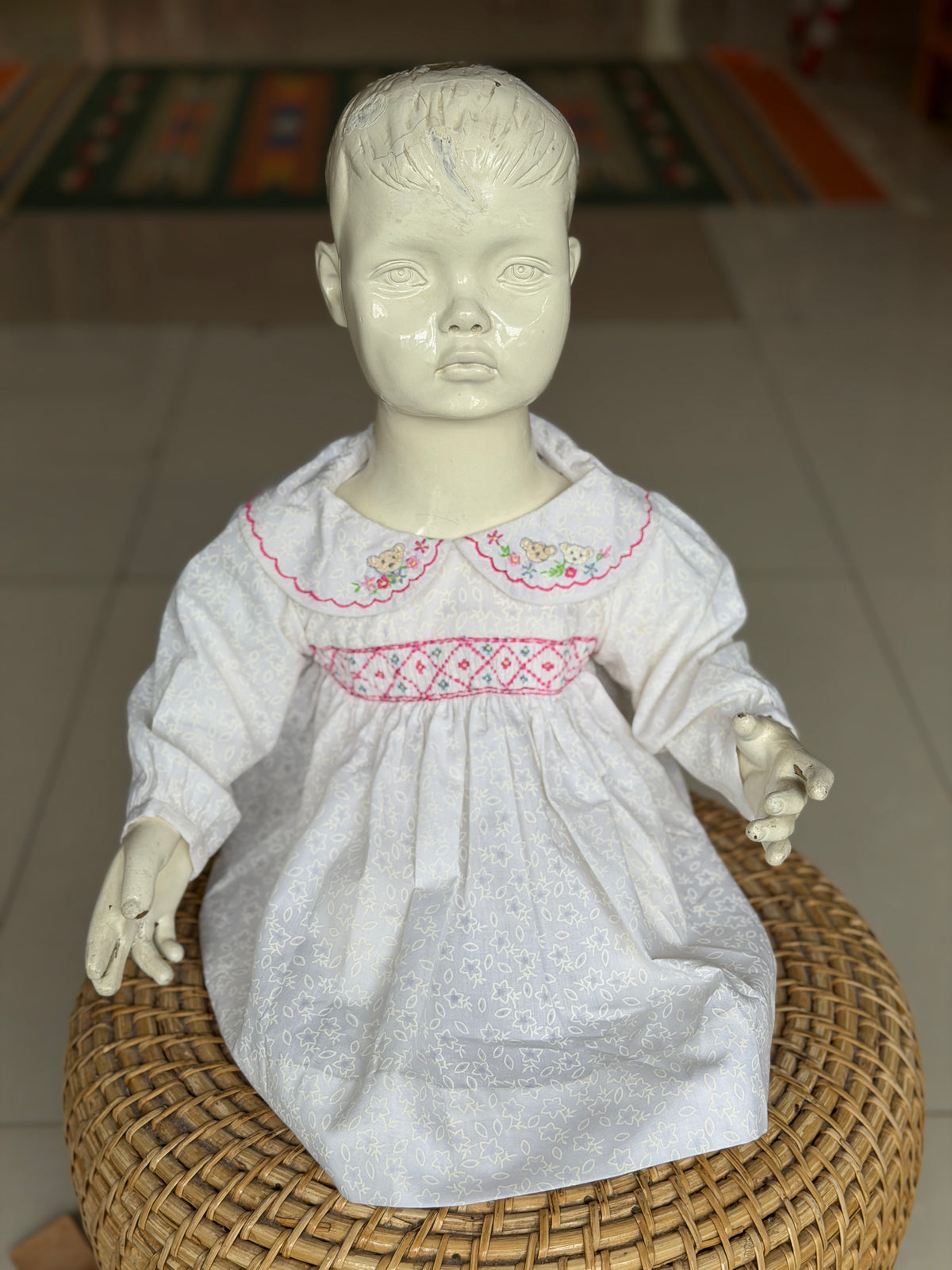 White embroidered cotton frock for girls with embroidered Peter Pan collar and long sleeves