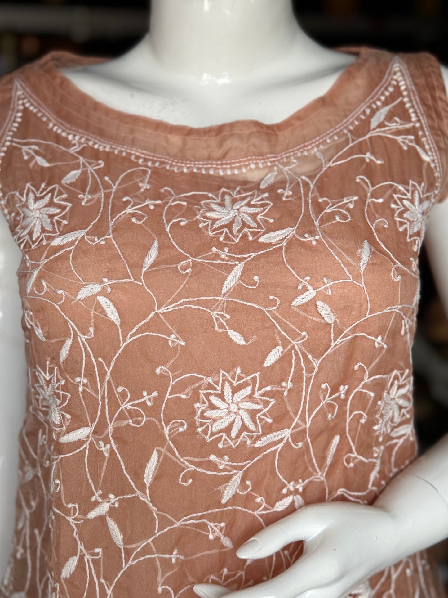 Light brown organza sleeveless top with Chikankari hand embroidery