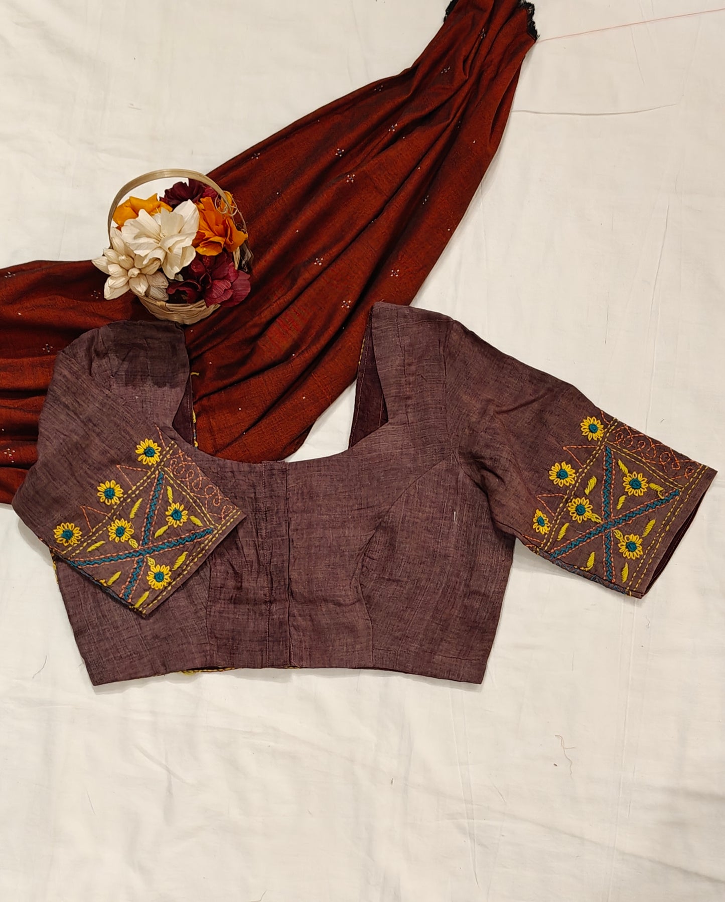 Plum floral hand kantha embroidered silk blouse