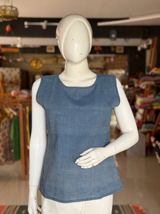 Indigo stripes handwoven natural dyed cotton sleeveless top