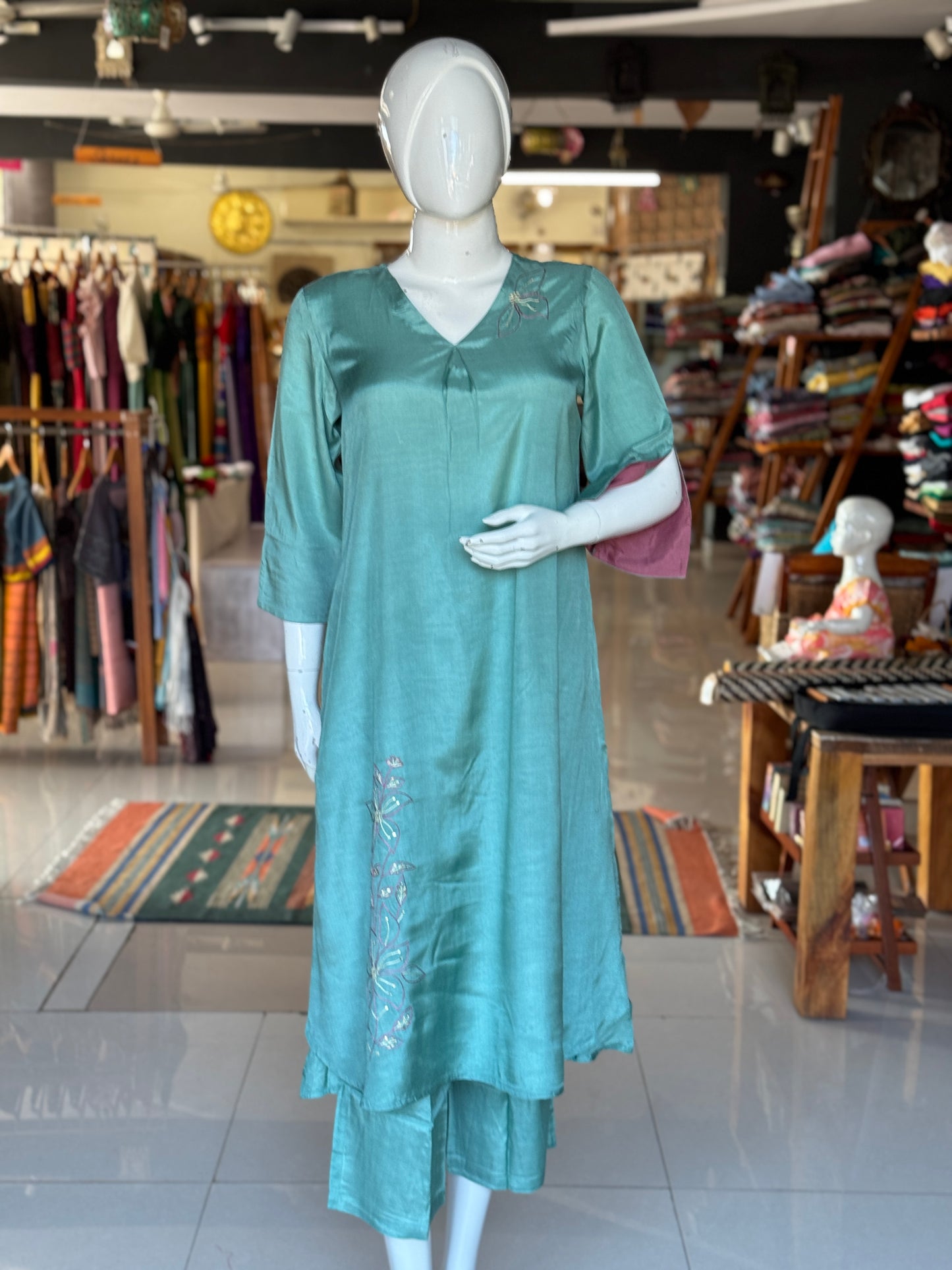 Sea green Co-ord set in hand embroidered muslin -  kurti, pants set