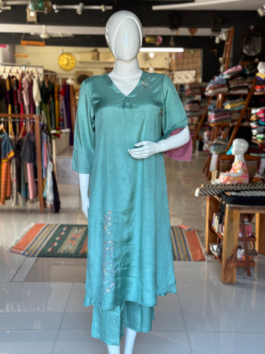 Sea green Co-ord set in hand embroidered muslin -  kurti, pants set
