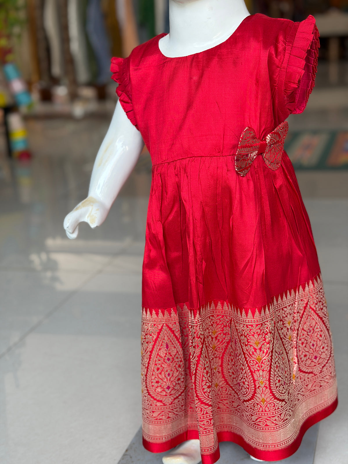 Red pure silk hand woven frock for girls