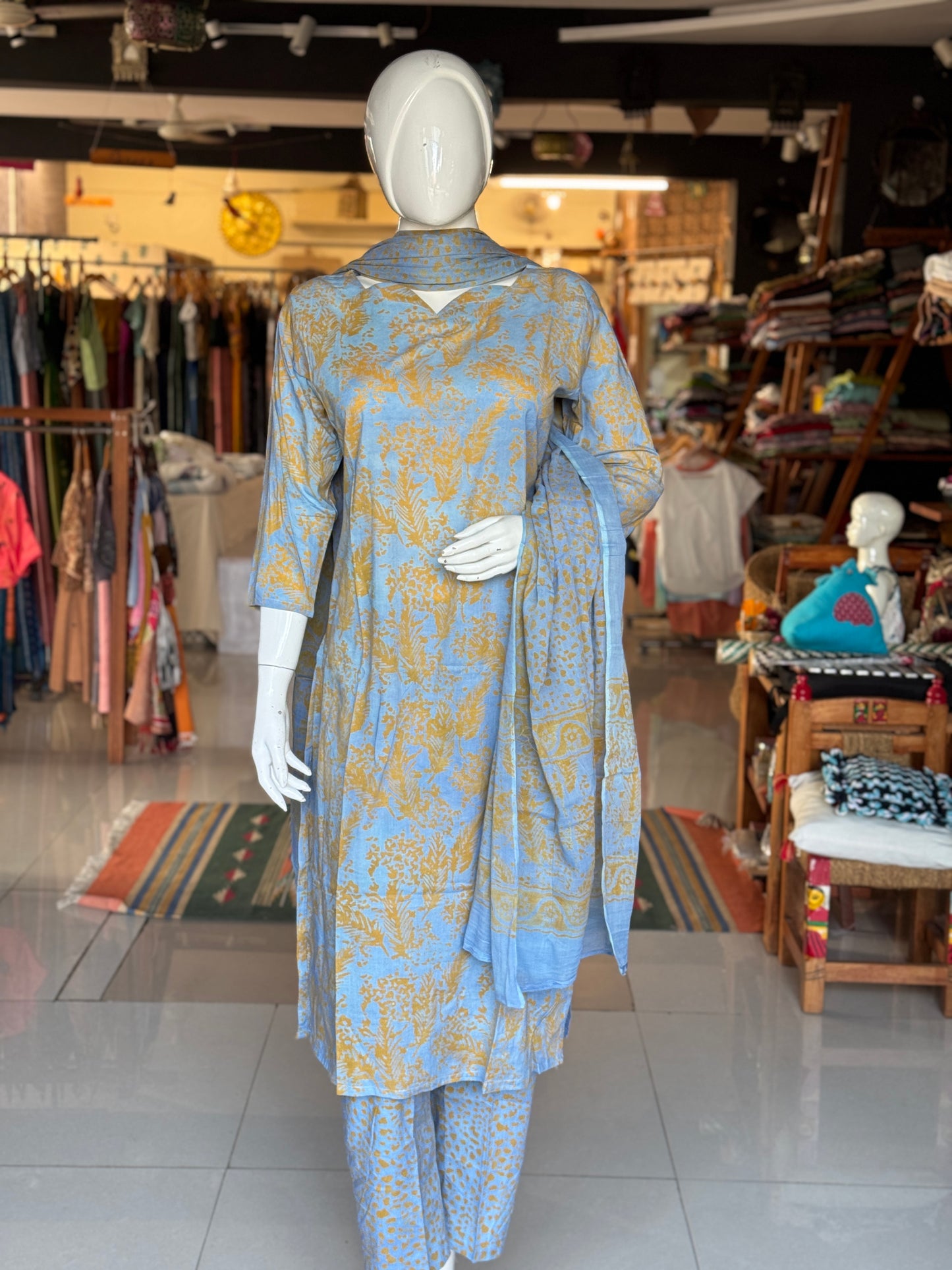 Blue and orange leaf pattern soft batik cotton straight kurta, dupatta and pants -  3 piece suit set