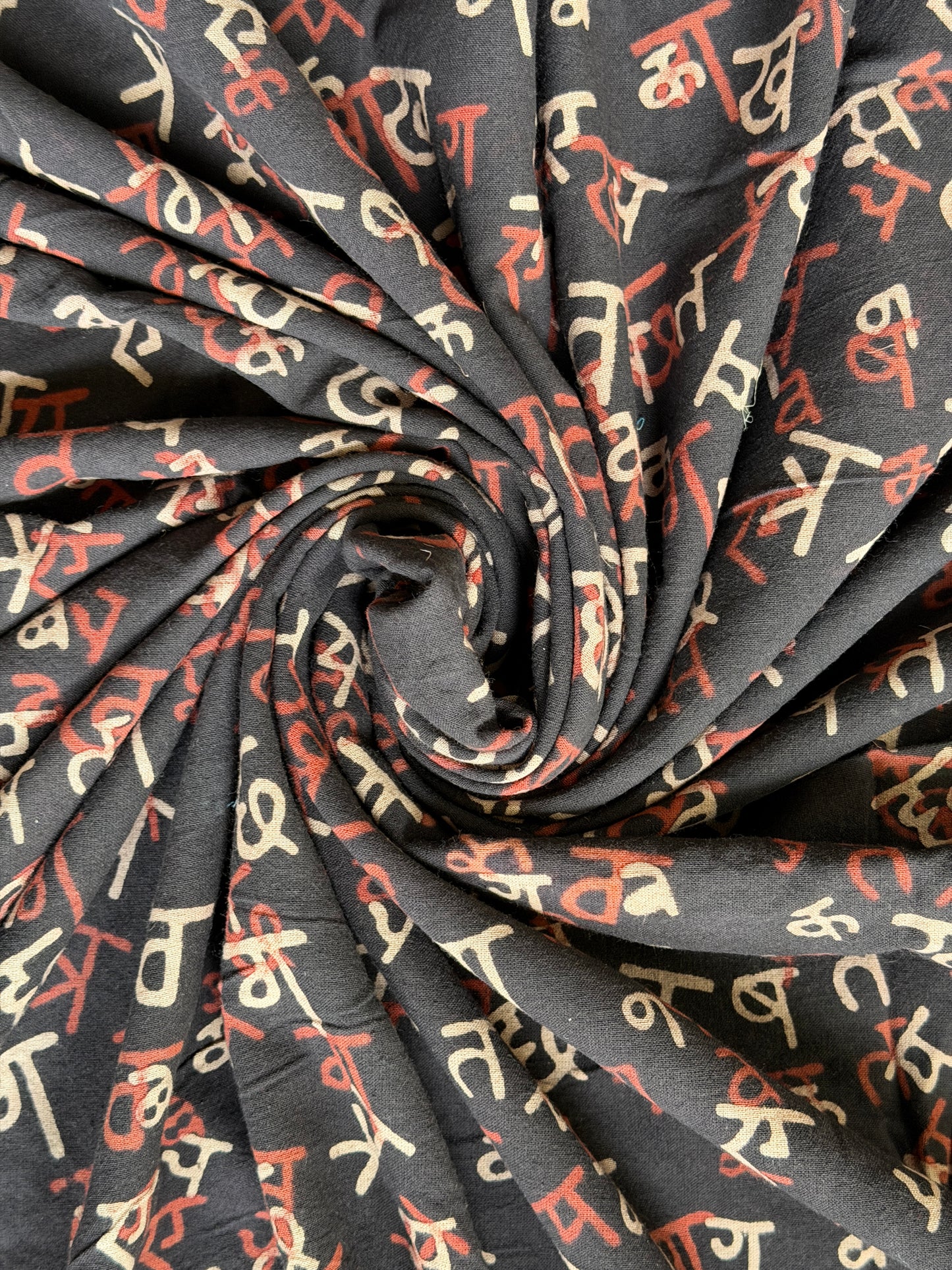 Devanagari script / Hindi Akshara Mala - Black cotton fabric with natural dyed , hand block prints