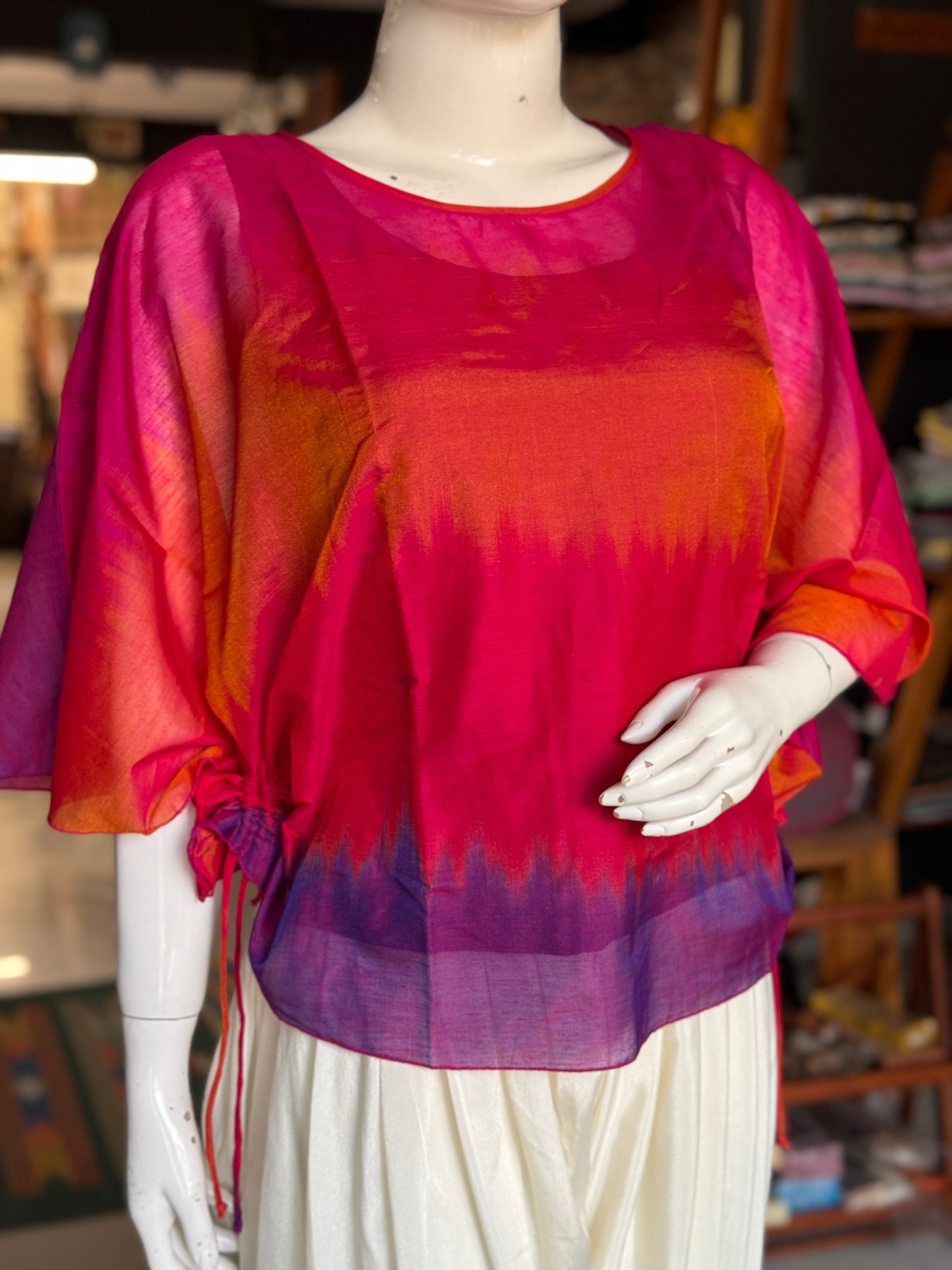Pink orange purple red tie n dye silk top with side pulls - free size