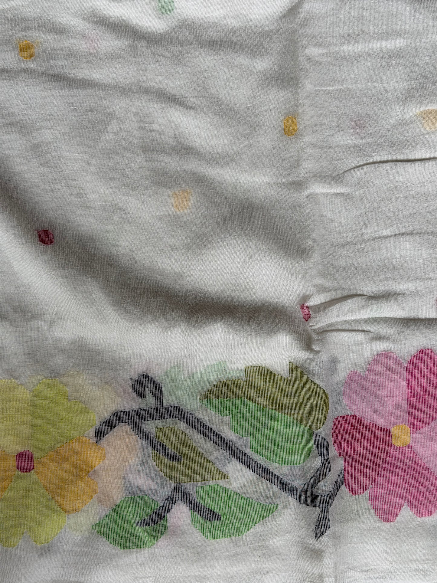 Off white Jamdani soft cotton handloom fabric with multi color floral border