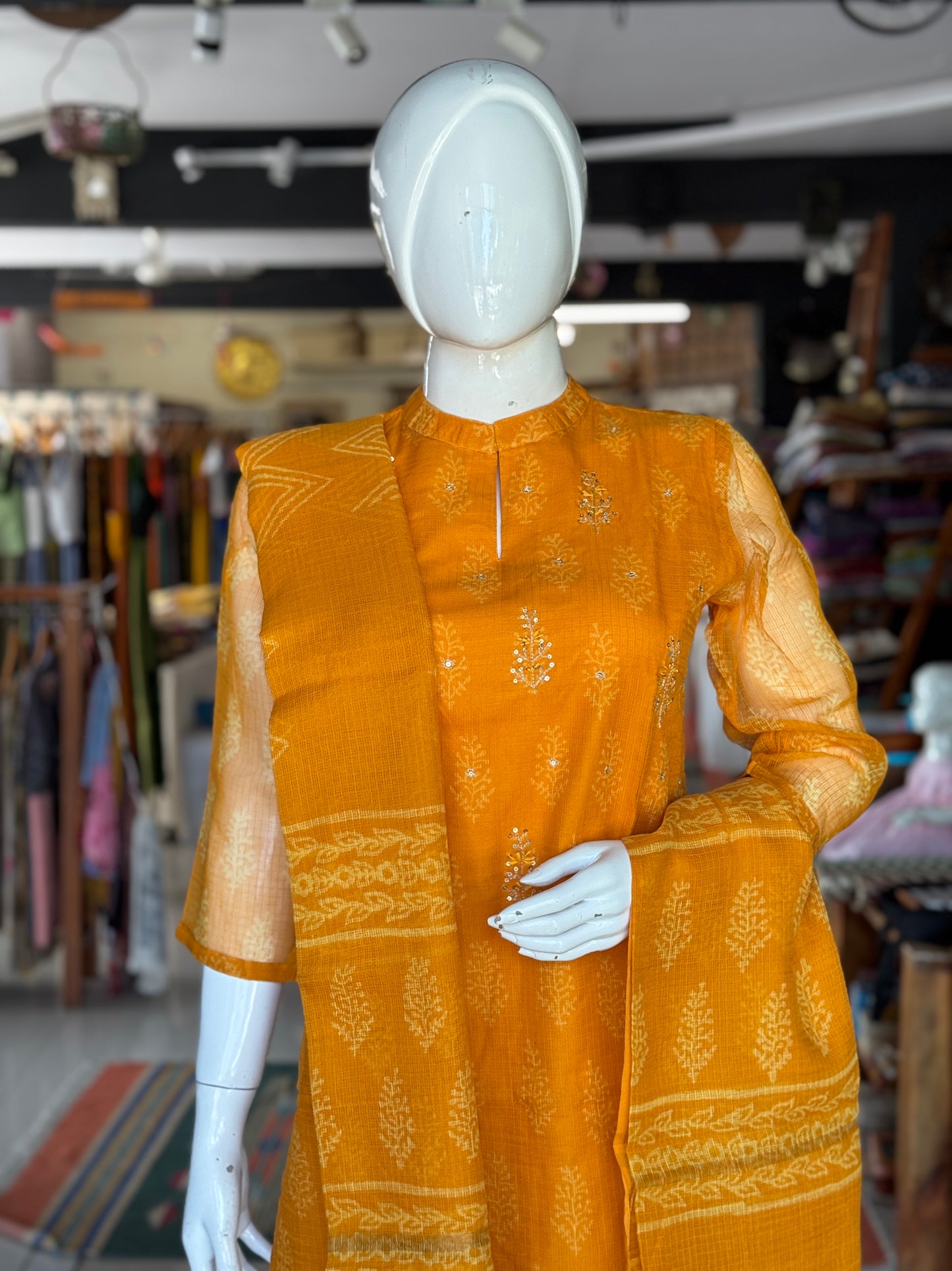 Mango yellow hand block printed kota cotton straight kurti, pants and dupatta set - with hand embroidery