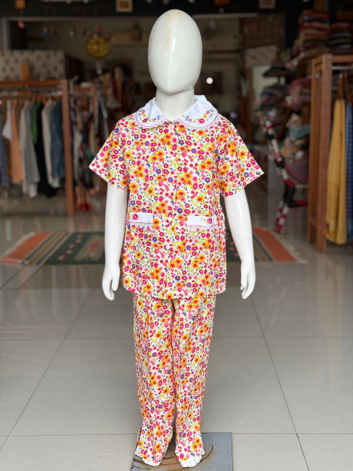 Pink and yellow floral print cotton lounge wear / night suit set - 2 piece shirt n pants set with lace and embroidery on collar