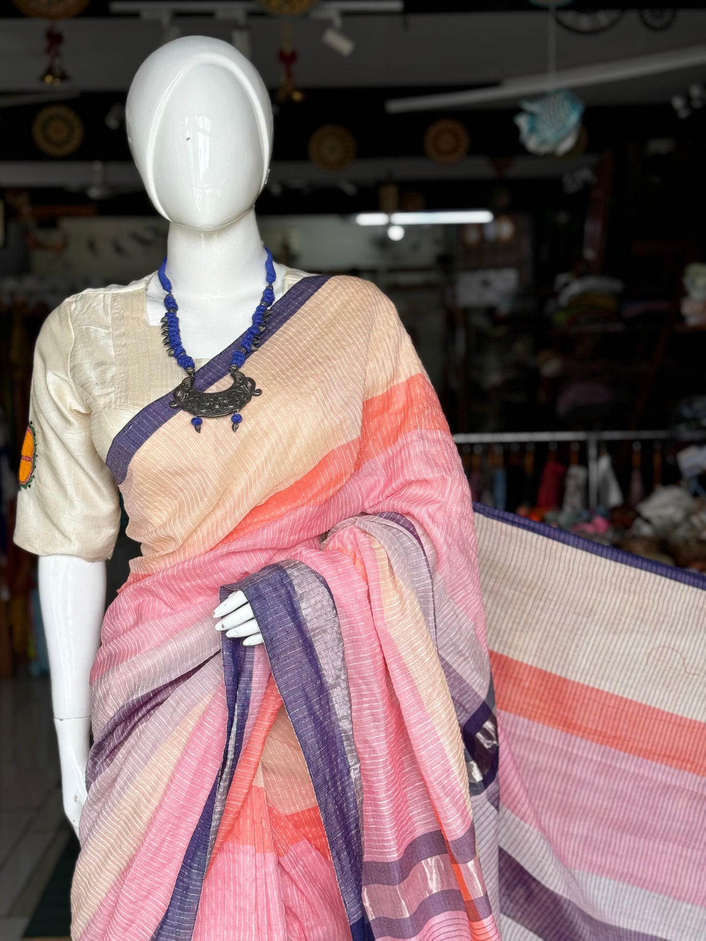 Multi color stripes color block handwoven linen cotton textured saree