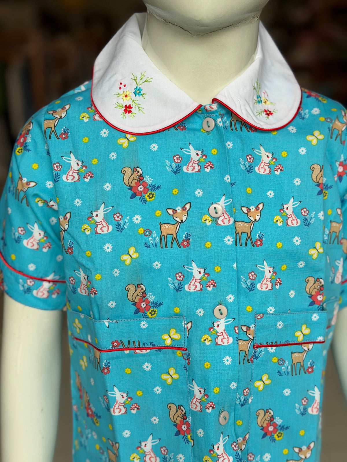 Blue animals print (deer, rabbit, squirrel) lounge wear / night suit set - 2 piece embroidered shirt n pants set