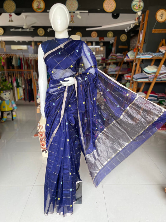 Blue checks Chanderi silk cotton handwoven saree with colourful woven squares