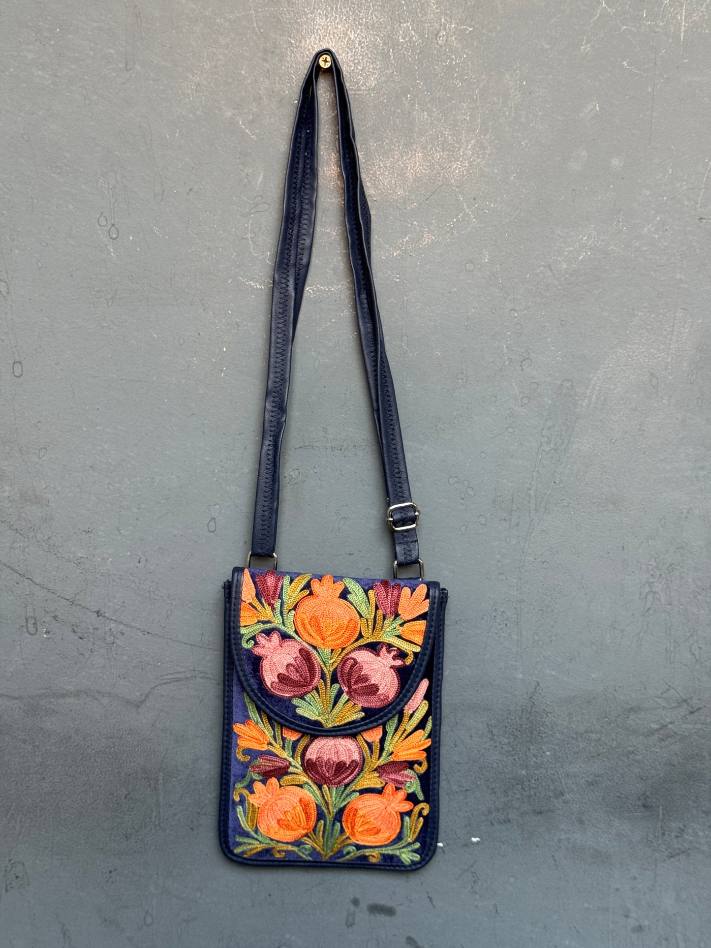 Mobile phone sling pouch - Kashmiri floral Aari embroidered with adjustable length strap and zippered back pocket - colors available