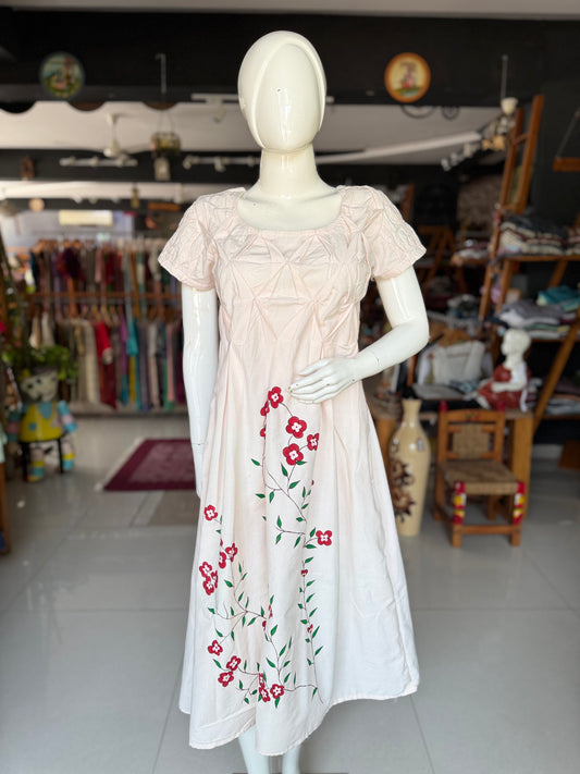 Hand painted floral off white handwoven cotton dress with fancy yoke design