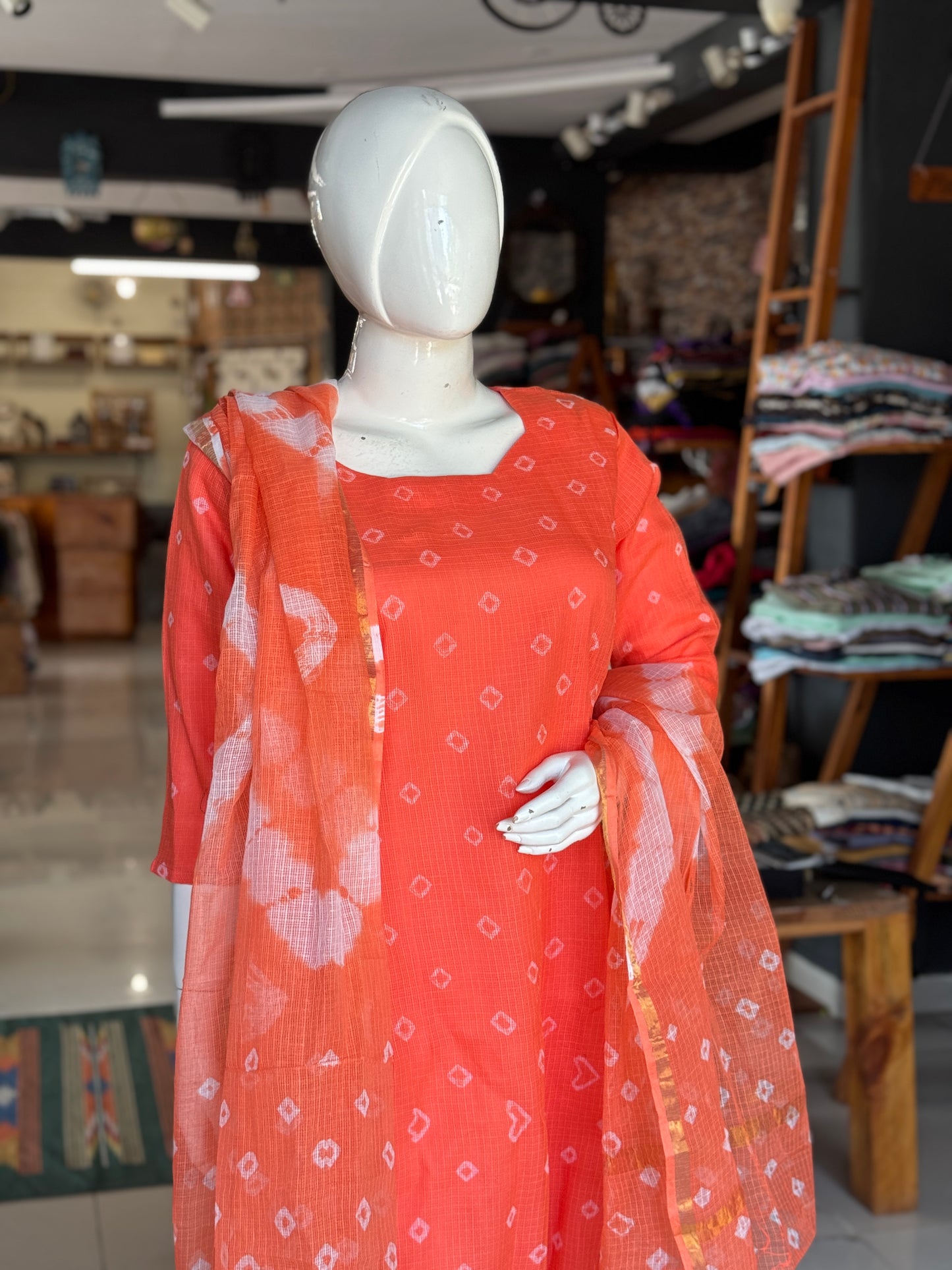Orange Kota cotton tie n dye kurti, dupatta - 2 piece set - soft n light