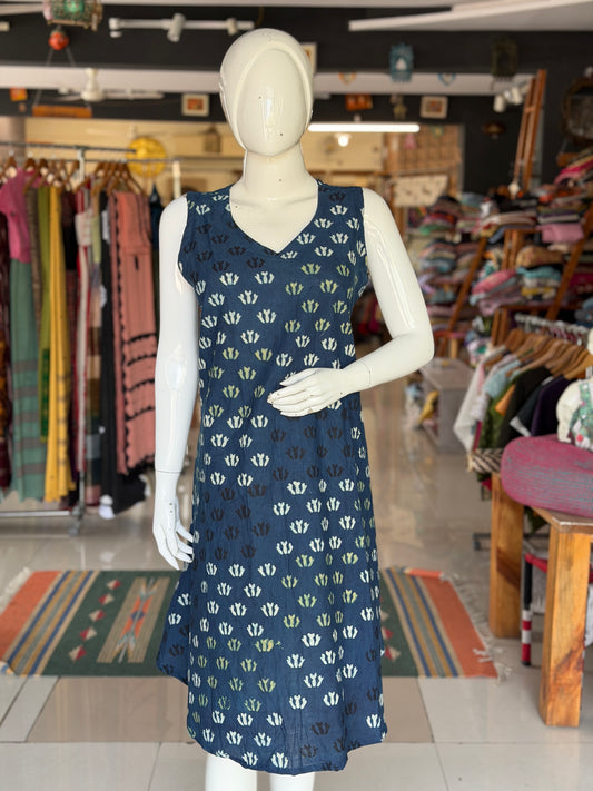 V-neck A-line hand block printed cotton sleeveless dress / Kurti