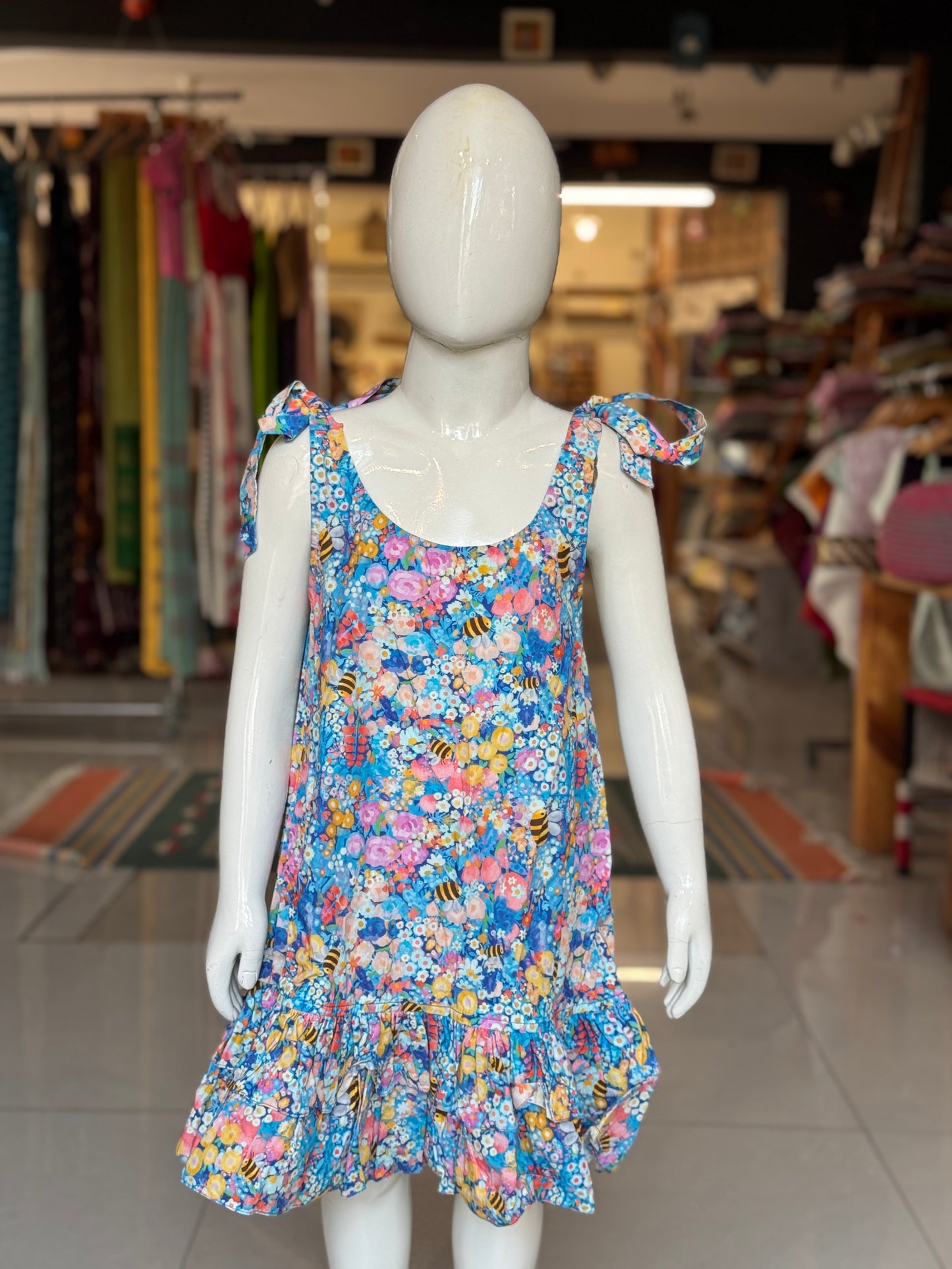 Bees in the garden printed tie up style frock for girls