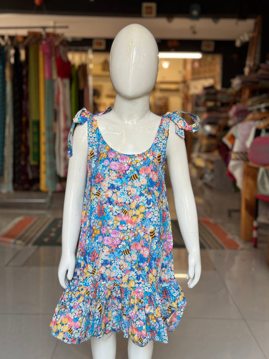 Bees in the garden printed tie up style frock for girls