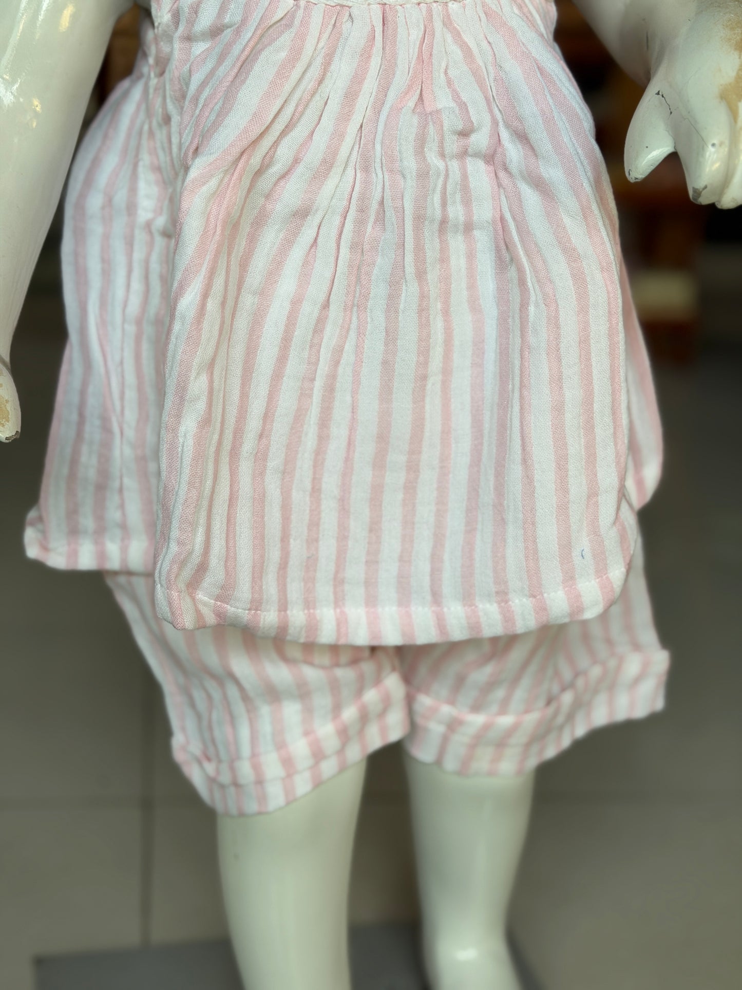 White and pink stripes with crochet yoke spaghetti top and shorts coord set