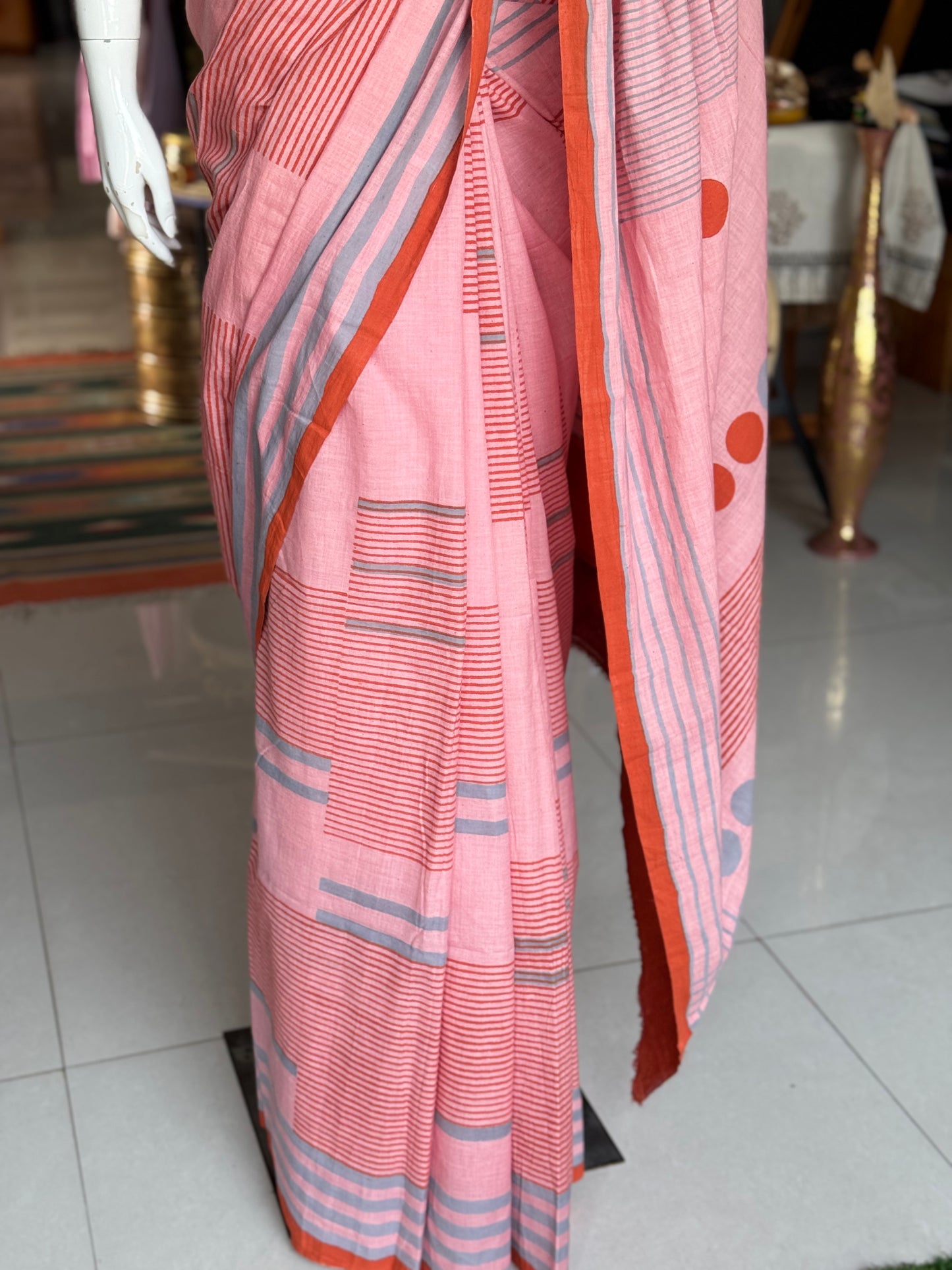 Pink orange circles and stripes cotton hand spun, hand woven, hand block printed saree