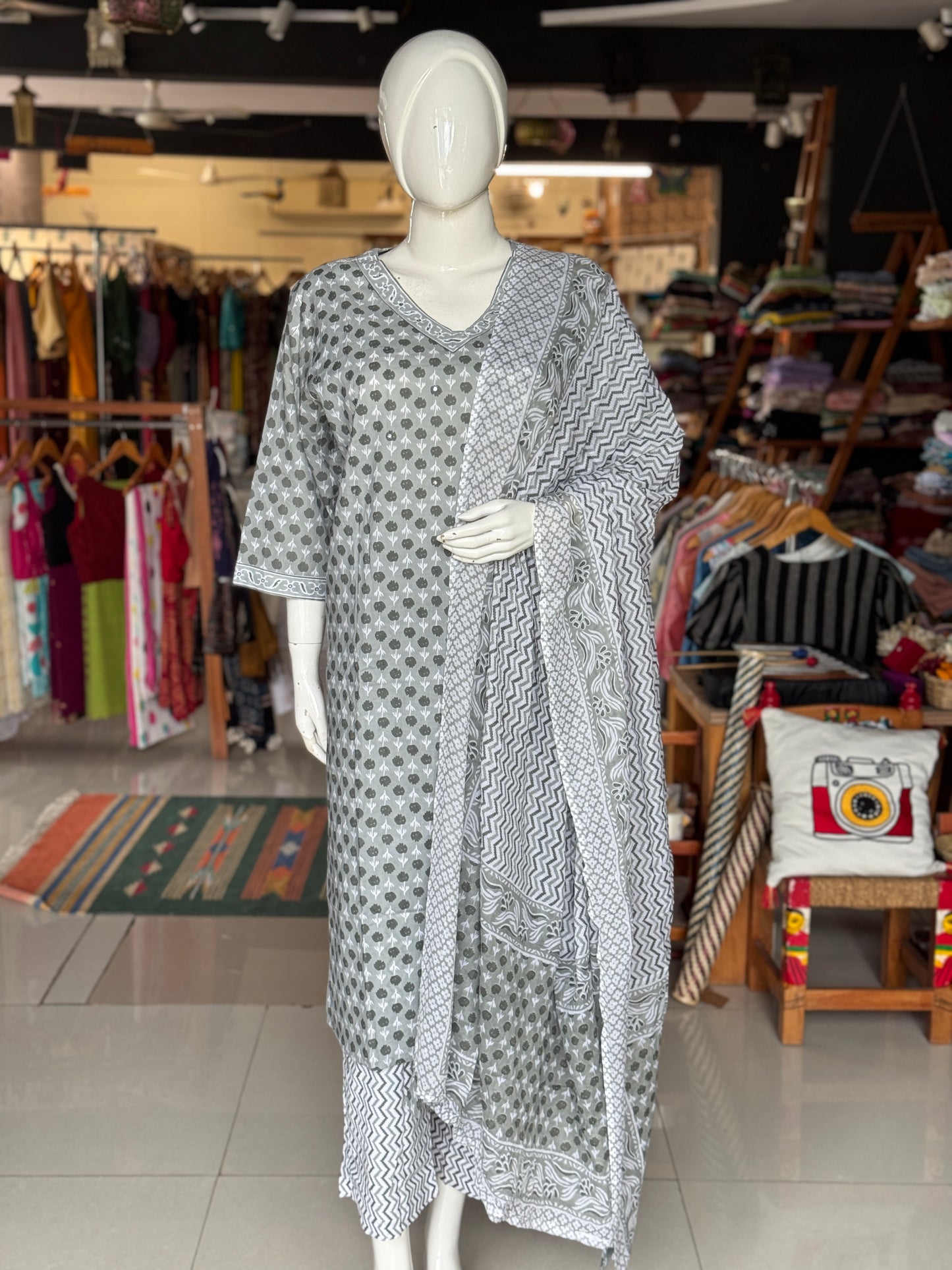Plus size (4xl and above) cotton embroidered straight kurti, pants and dupatta - 3 piece suit set - multiple colors available