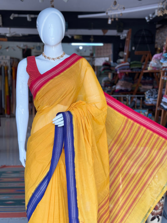 Haldi yellow pasupu handloom cotton saree with ganga jamuna style Kuppadam thread borders