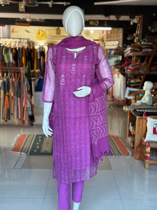 Purple hand block printed kota cotton straight kurti, pants and dupatta set - with hand embroidery