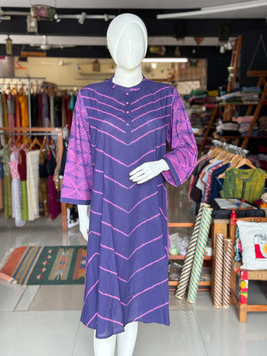 Violet n purple Shibori needle tie n dye band collared cotton dress
