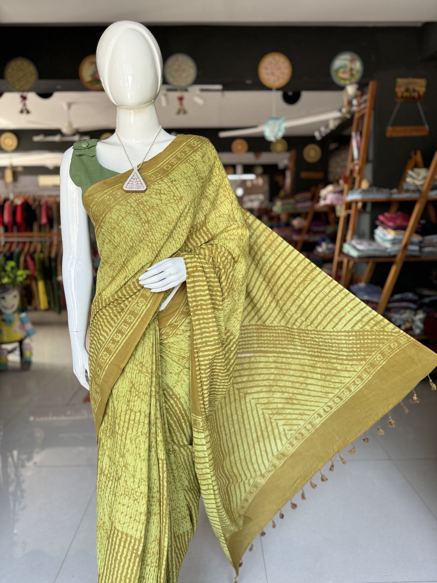 Olive green hand batik soft cotton saree