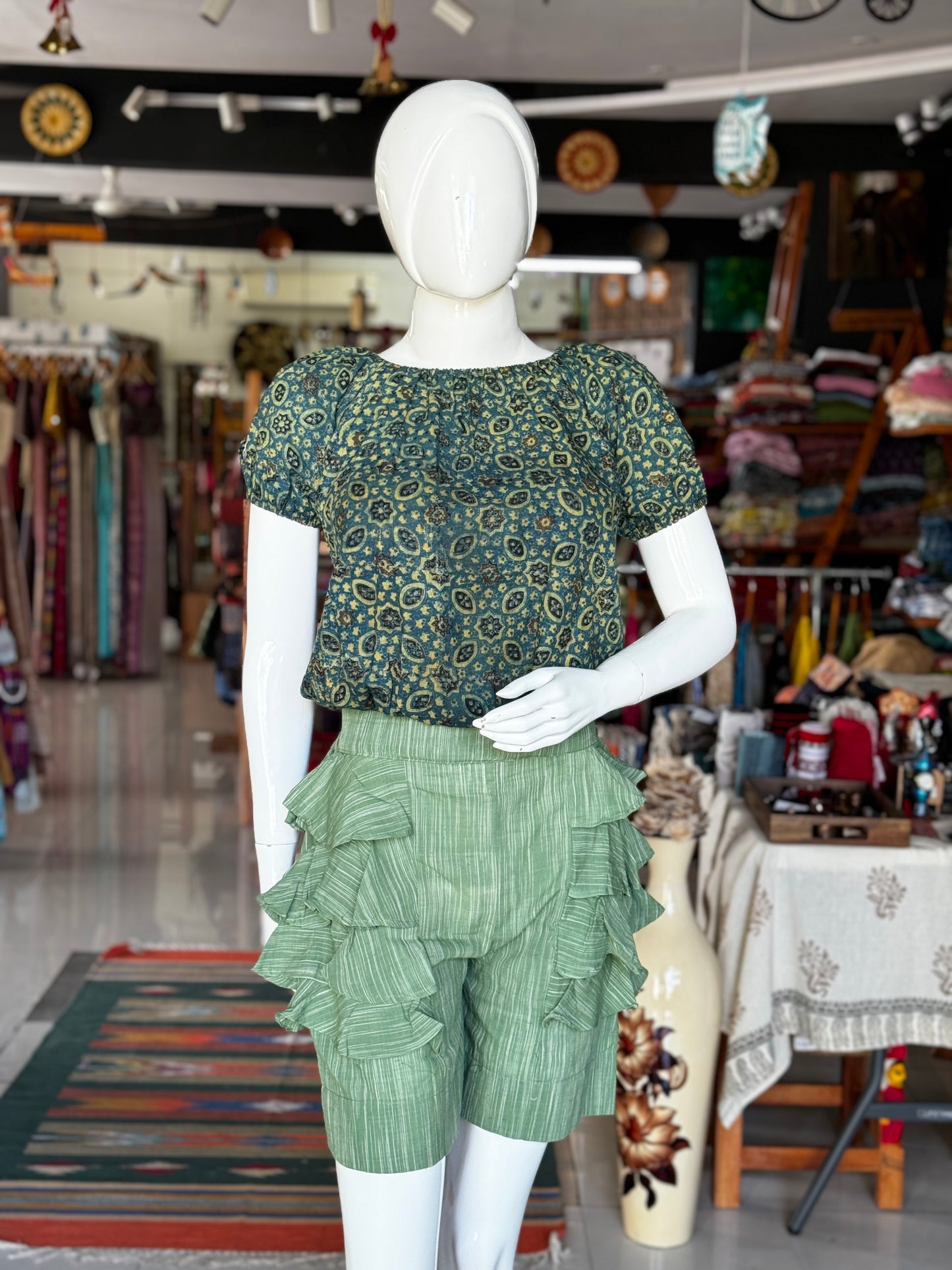 Green handwoven frilly Cotton shorts for women