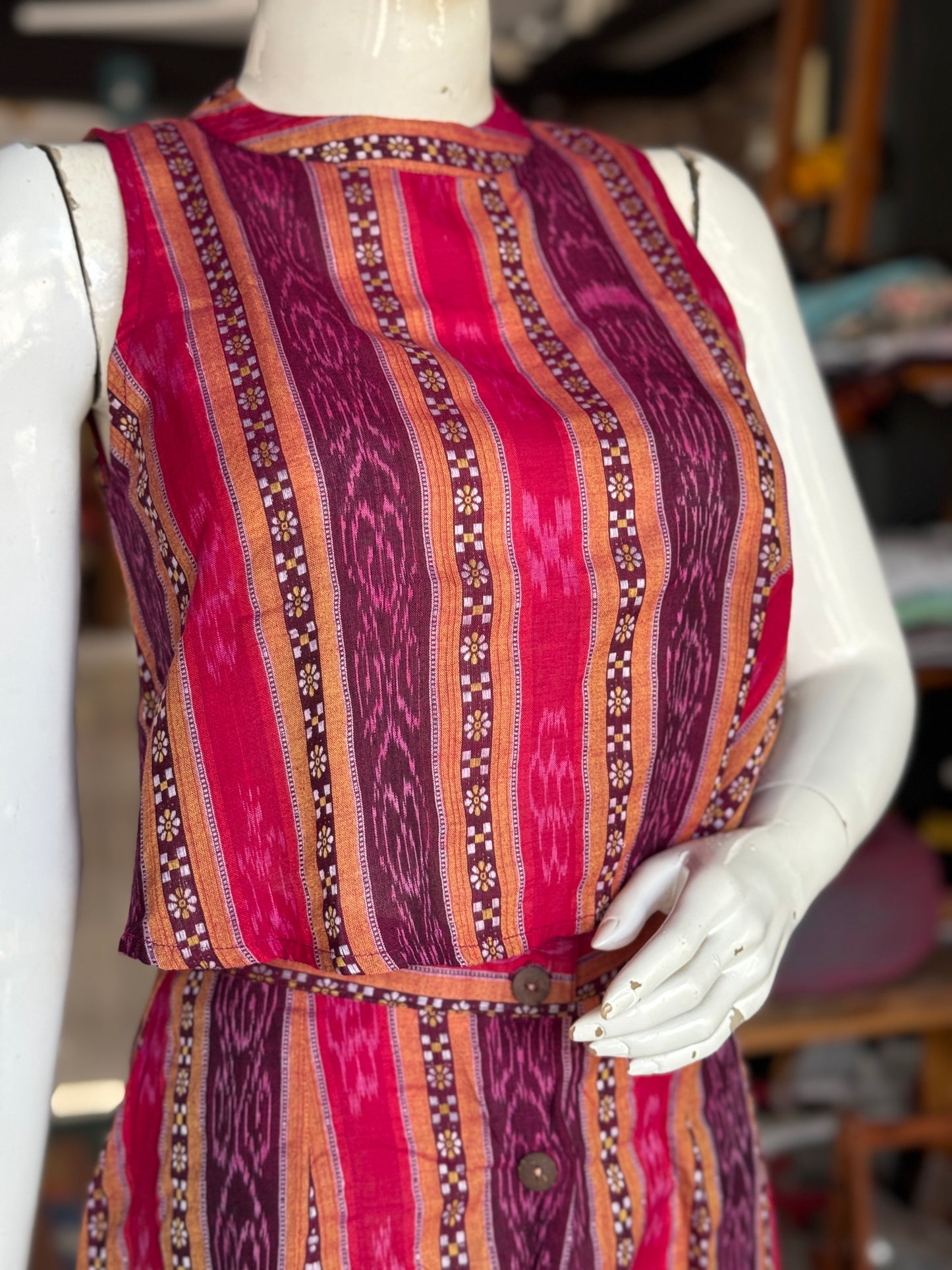 Red and purple ikat handwoven cotton coord set with sleeveless crop top and skirt with front buttons detailing