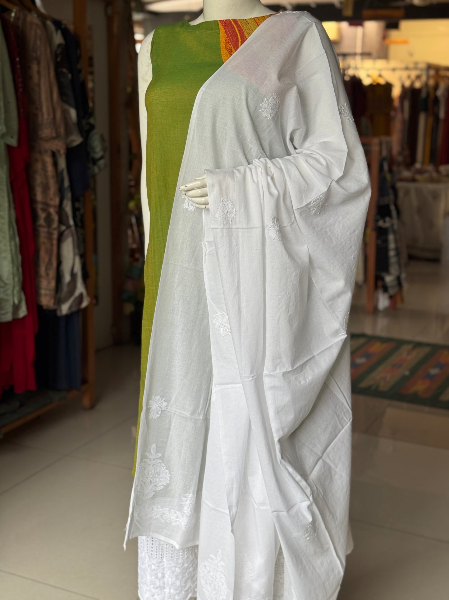White cotton chikankari hand embroidery dupatta