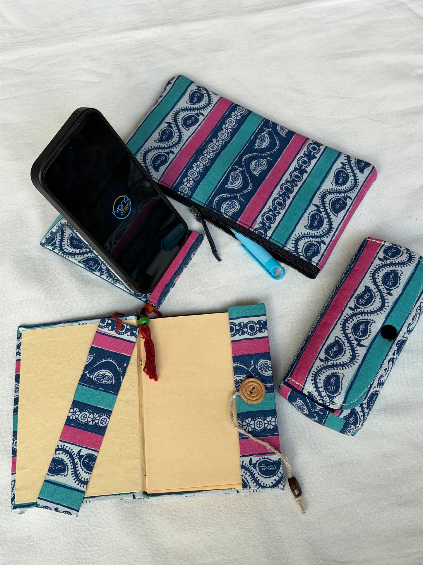Gift set - small fabric covered notebook, bookmark, mobile phone holder, utility zippered pouch, spects / goggles case - handcrafted 5 piece gift set
