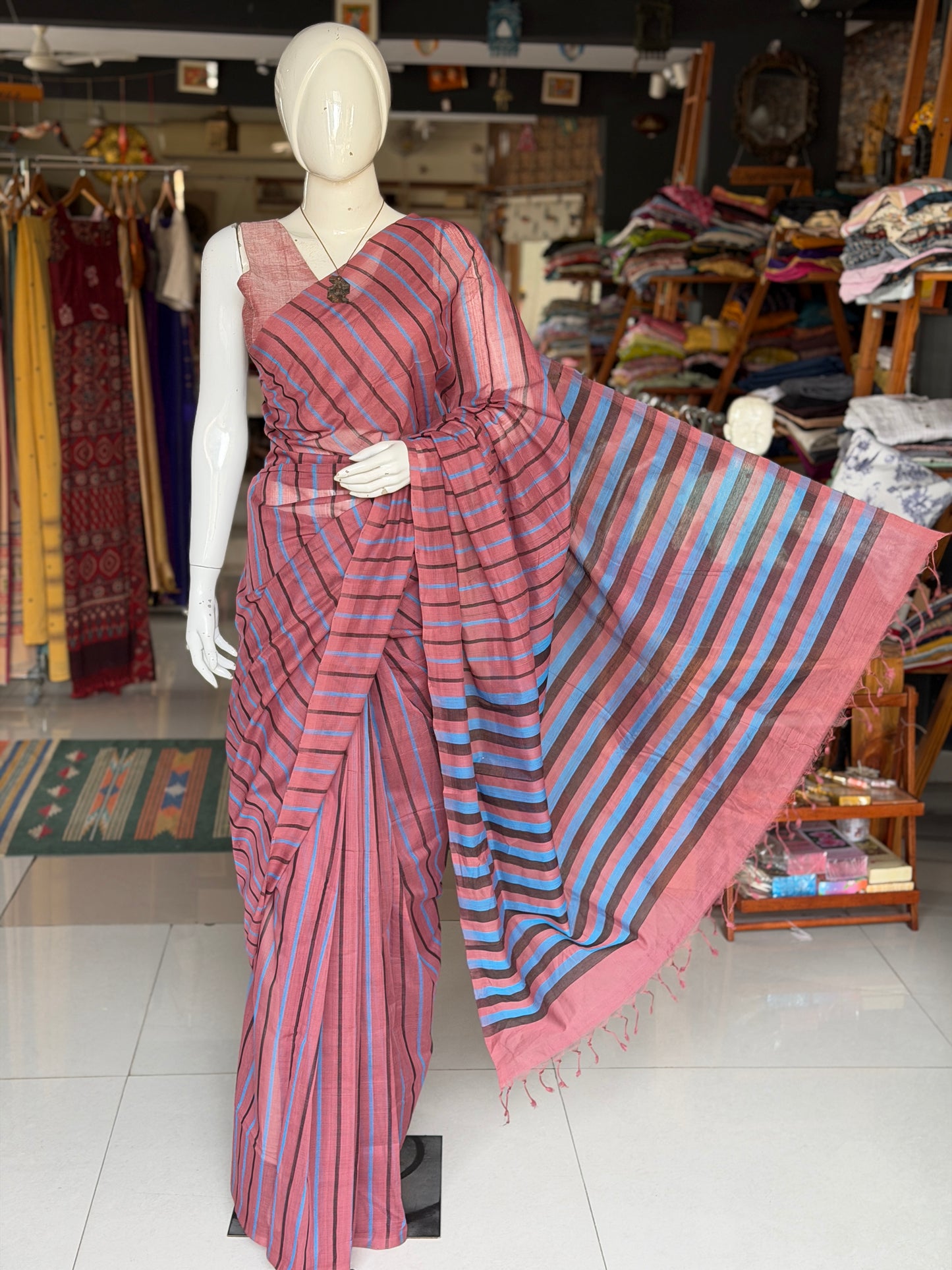 Wine Mangalagiri handloom cotton saree with blue vertical stripes